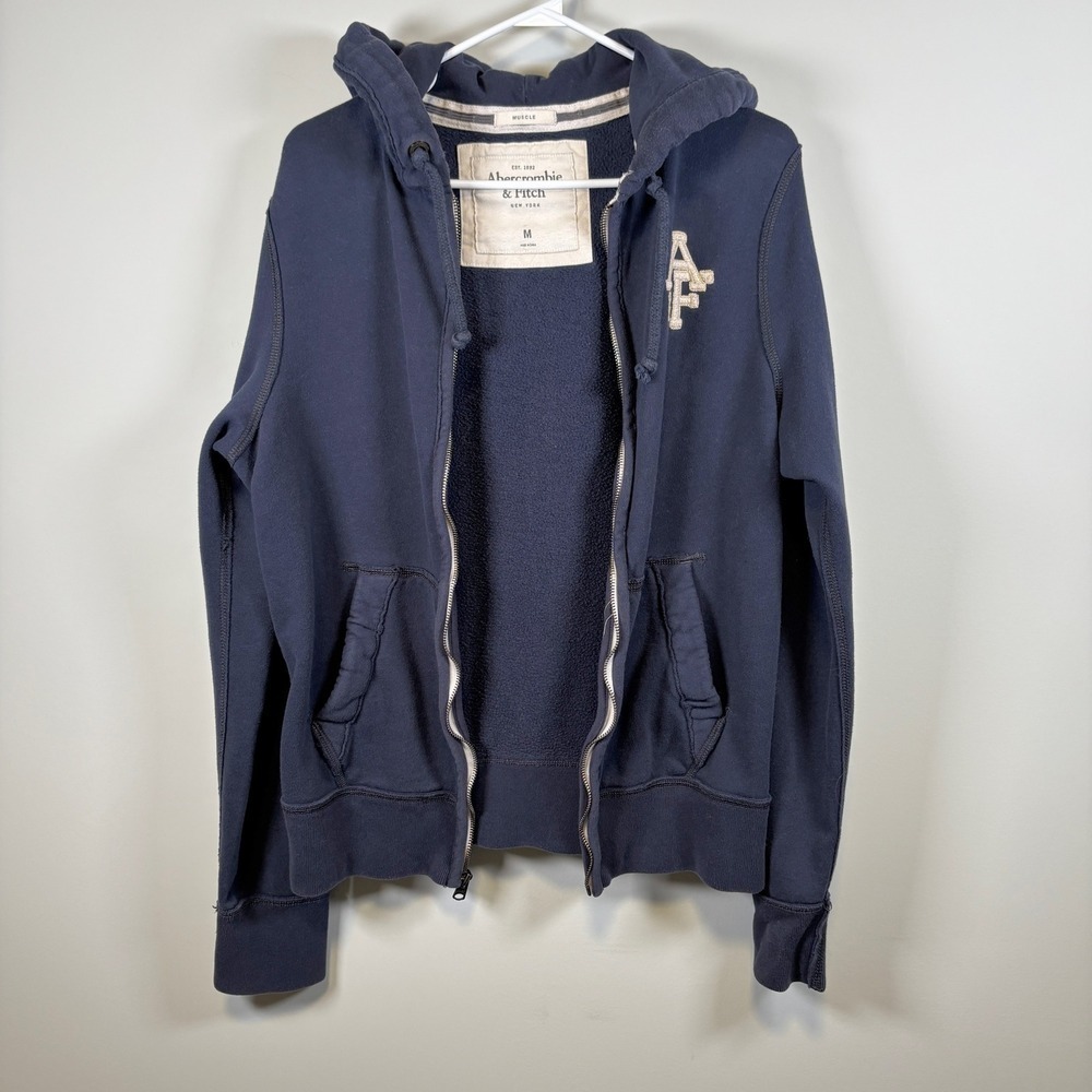 Vintage Abercrombie & Fitch Full Zip Hoodie Distressed Sleeve Logo Blue Unisex - Picture 7 of 11